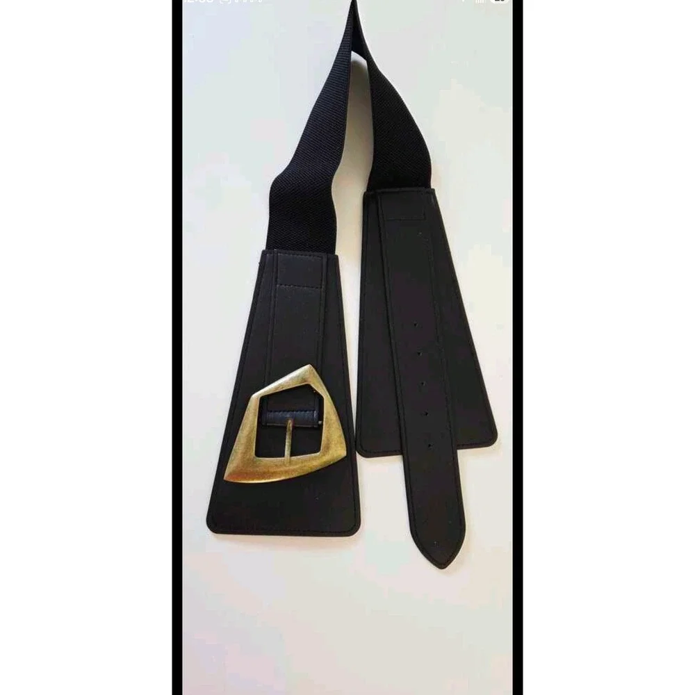 Womens Black Leather Wide Waist Belt Gold Geometric Asymmetrical Buckle Cinch